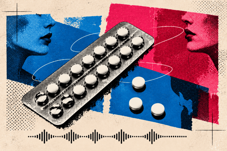 Collage mit einer Pillenpackung zwischen zwei gegenübergestellten Frauenprofilen.