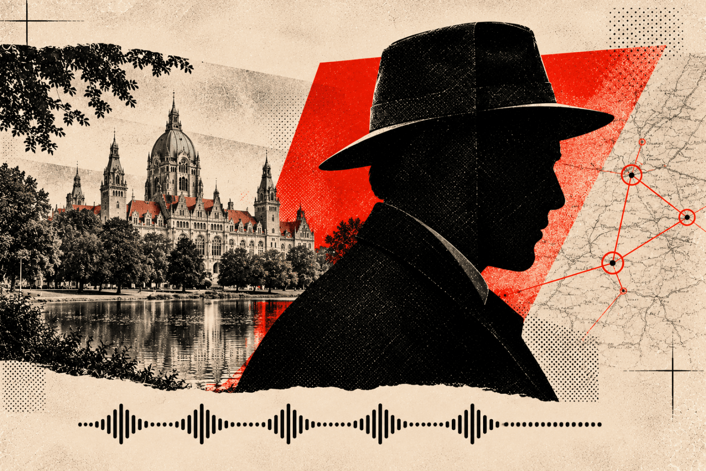 Collage mit der Silhouette eines Mannes vor dem Neuen Rathaus in Hannover und einer stilisierten Karte.