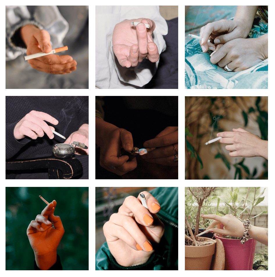 Collage mit Händen von Rauchern die jeweils eine Zigarette halten.