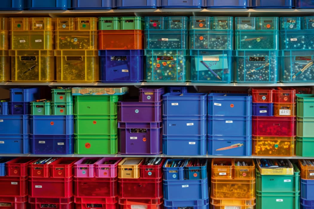 Nahaufnahme eines mehrstöckigen Regals in dem sich bunte Kisten befinden. Diese sind bis obenhin mit Kugelschreibern gefüllt.